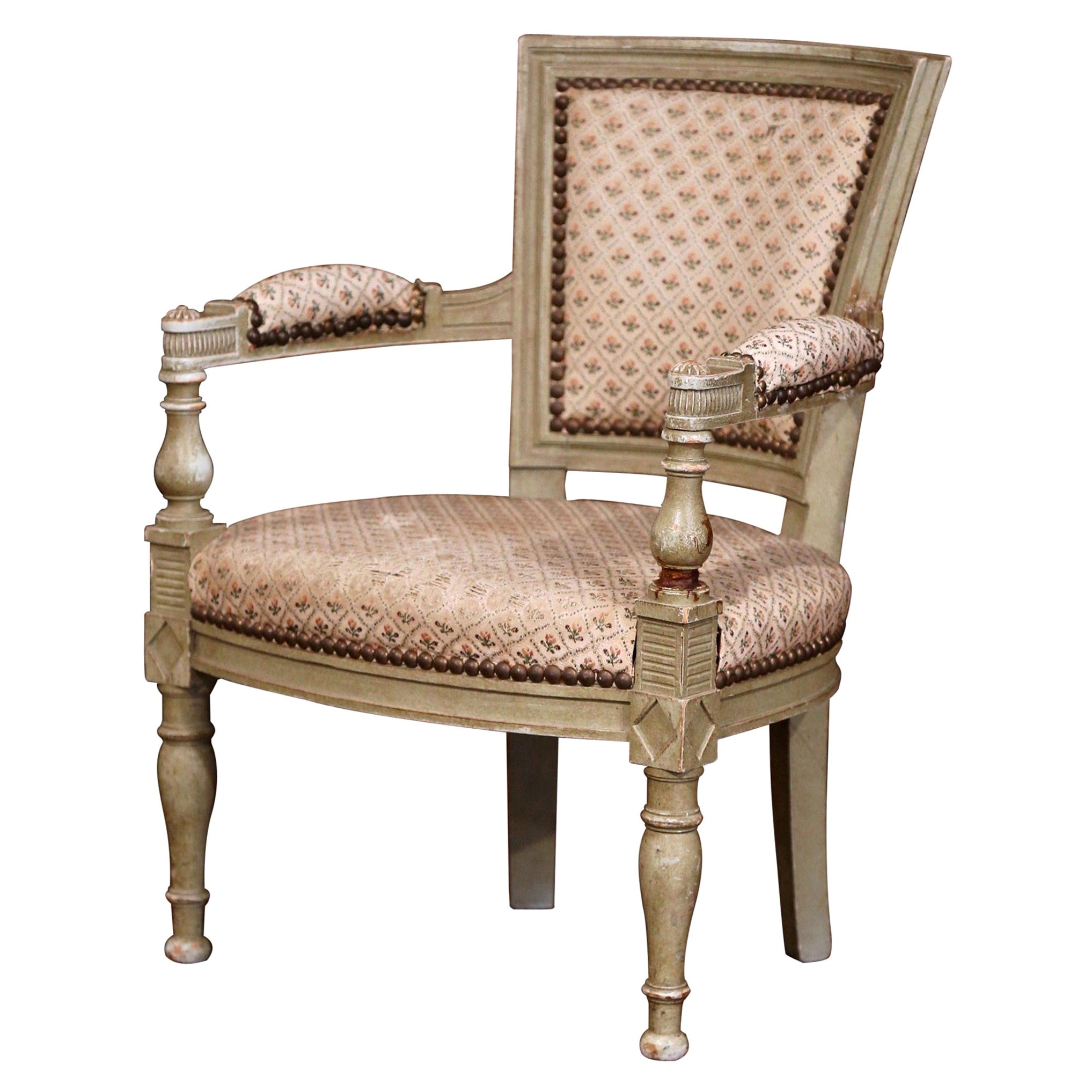 19th Century French Empire Carved Painted and Upholstered Child Armchair