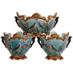 19th Century French Hand Painted Barbotine Cachepots with Bird and Flower Decor