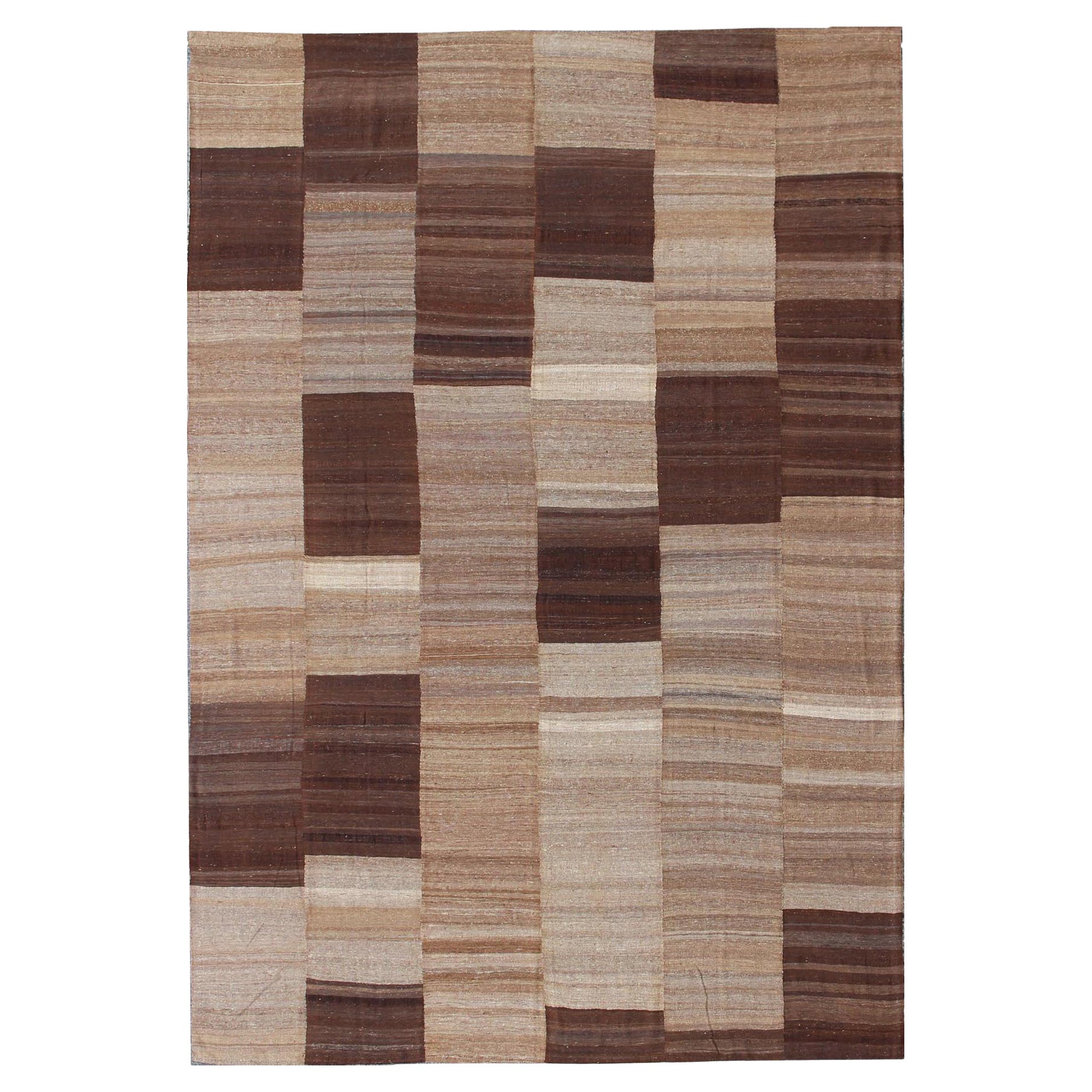 Large Flat Weave Kilim in Six Panels of Dark Brown, Light Brown, Taupe & Khaki