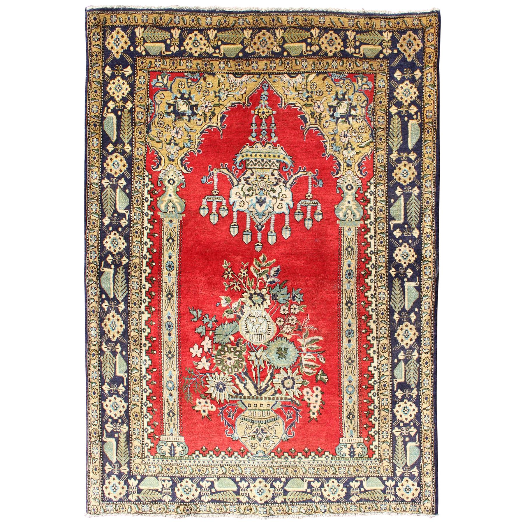 Vintage Persian Qum Prayer Rug in Bright Red with Floral Bouquet Chandelier