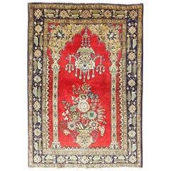 Vintage Persian Qum Prayer Rug in Bright Red with Floral Bouquet Chandelier