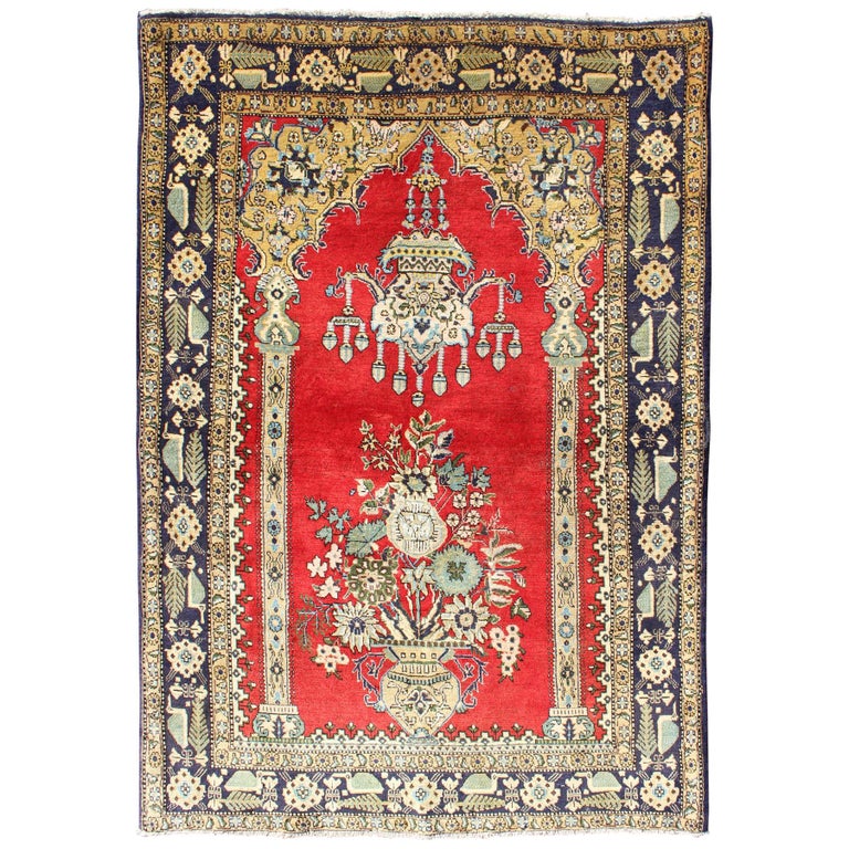 Vintage Persian Qum Prayer Rug in Bright Red with Floral Bouquet