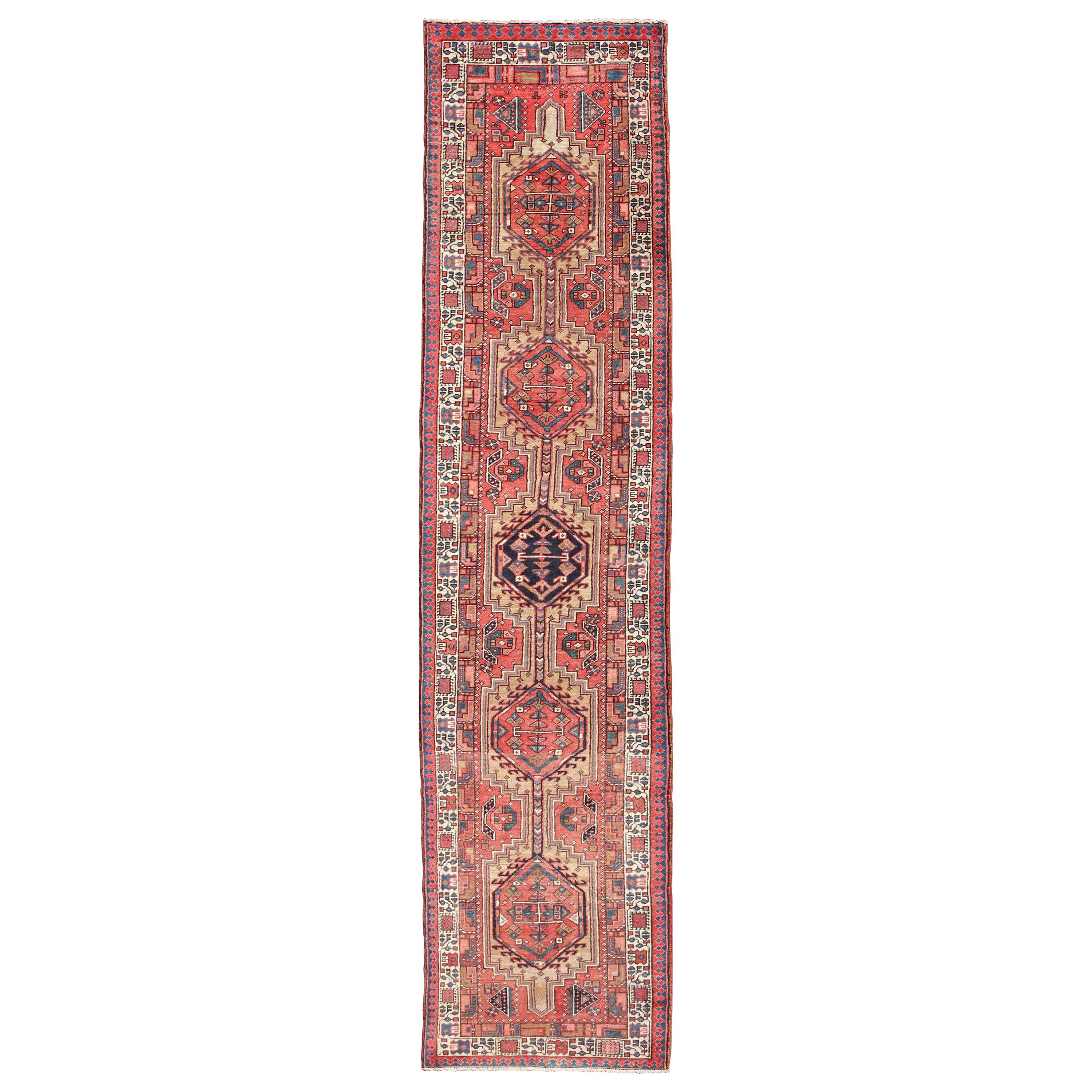 Geometric Antique Persian Heriz Runner with Six Medallions in Light tones For Sale