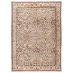 Beige Floral Motif Wool Area Rug