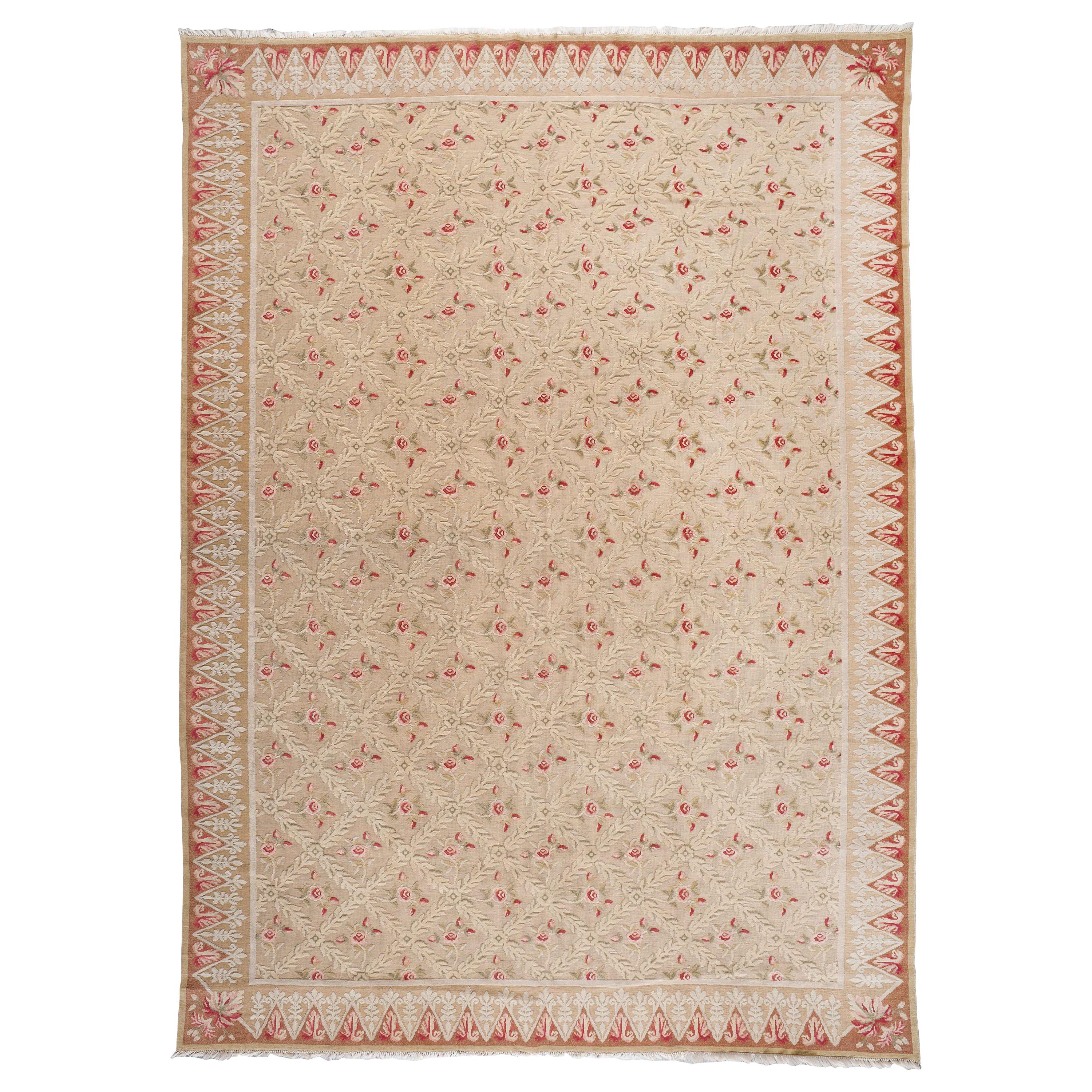 Traditional Axminster Style Rug with Pink Roses For Sale
