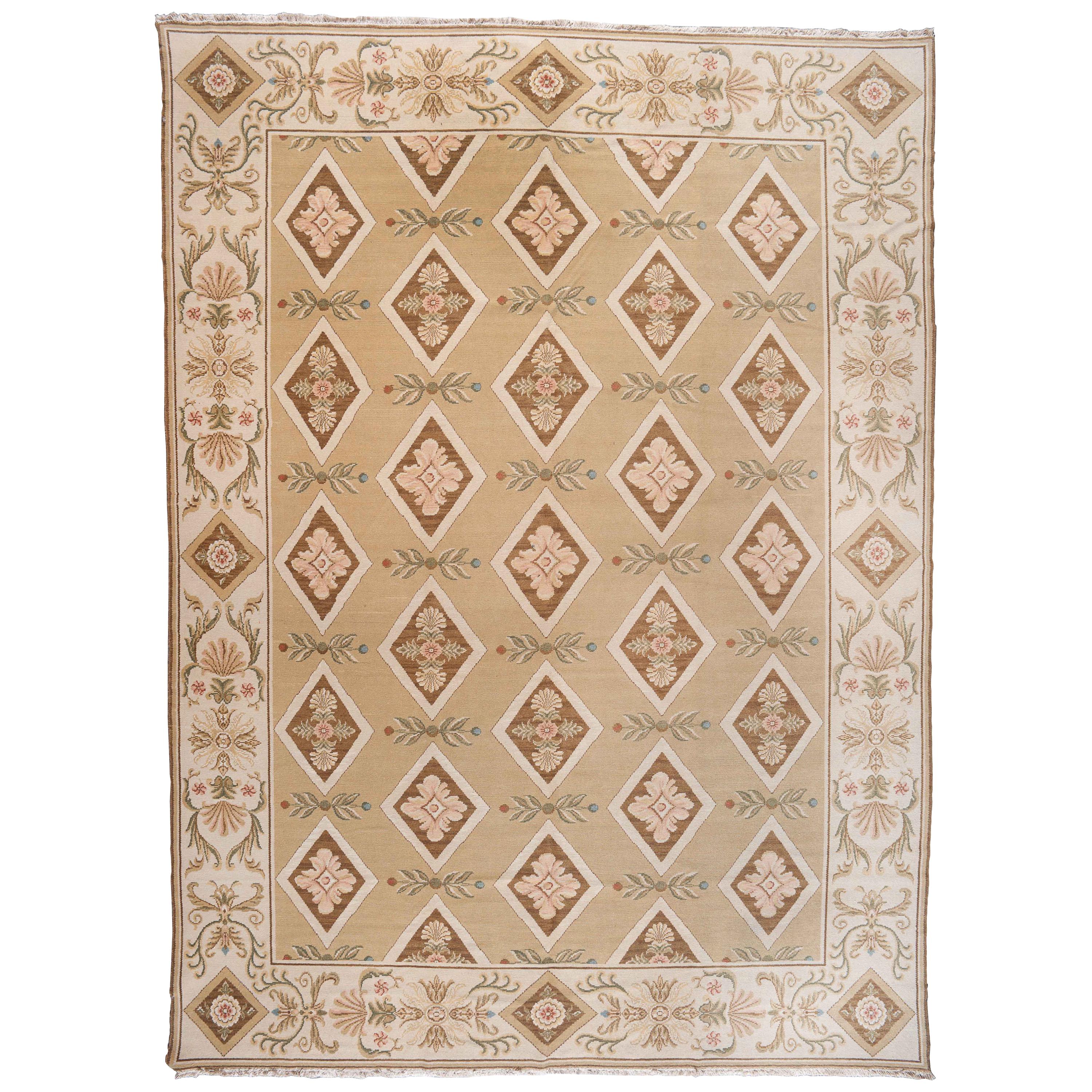 Gold and Beige Flowers and Diamonds Rug For Sale