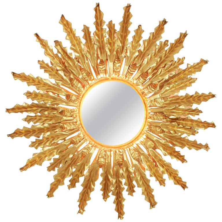 Huge Gilt Iron Leafed Sunburst Flush Mount Light Fixture Or Mirror Huge Gilt Iron Leafed Sunburst Flush Mount Light Fixture Or Mirror Spain 1940s For