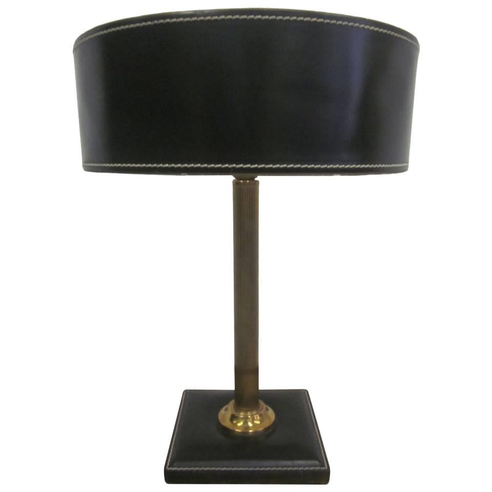 French Mid-Century Modern Hand-Stitched Leather Desk Lamp Attributed to Hermes For Sale