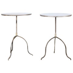 Vintage French Pair of Midcentury Steel Side Tables with Antiqued Mirror Tops