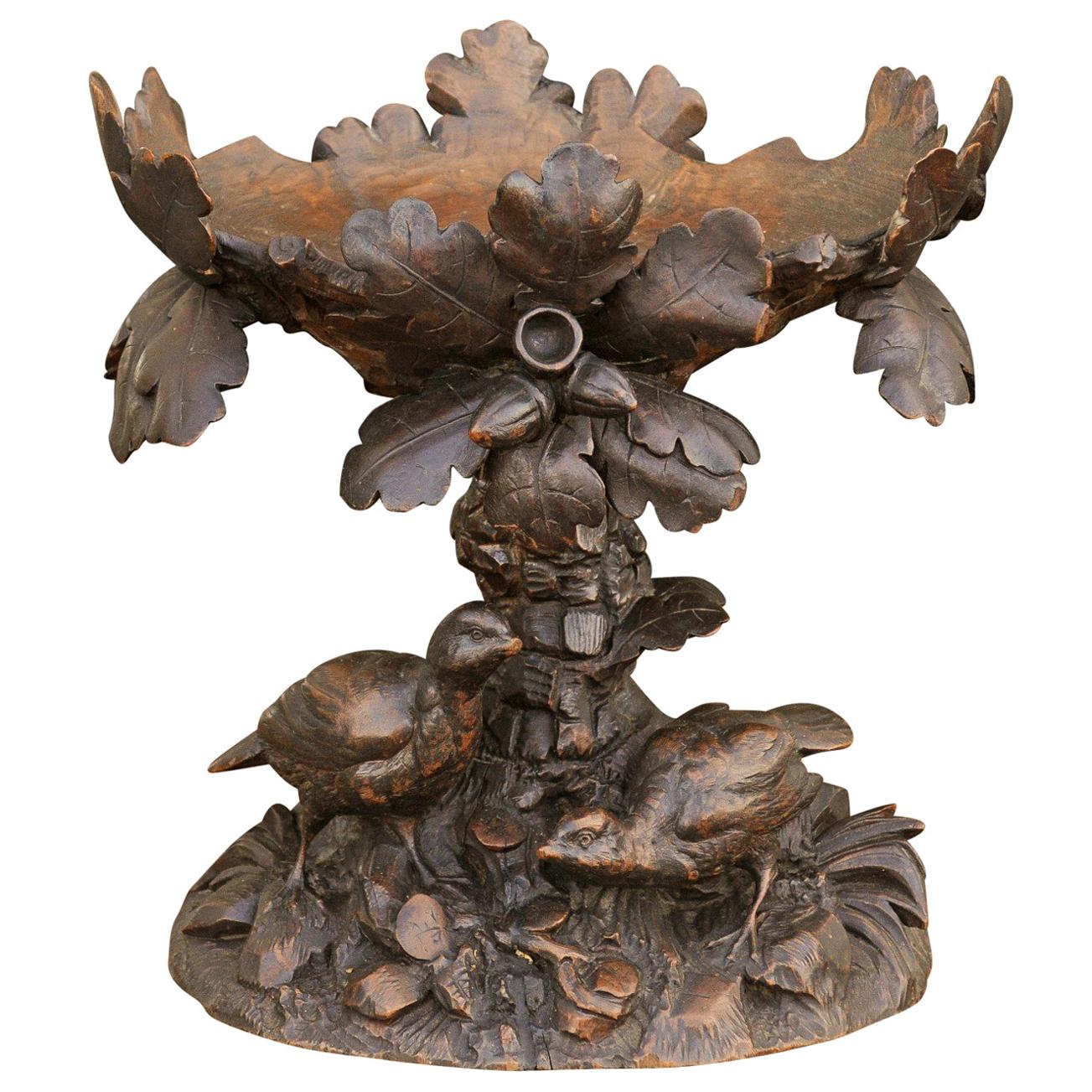 Black Forest 1880s Swiss Compote with Hand Carved Birds, Tree and Foliage