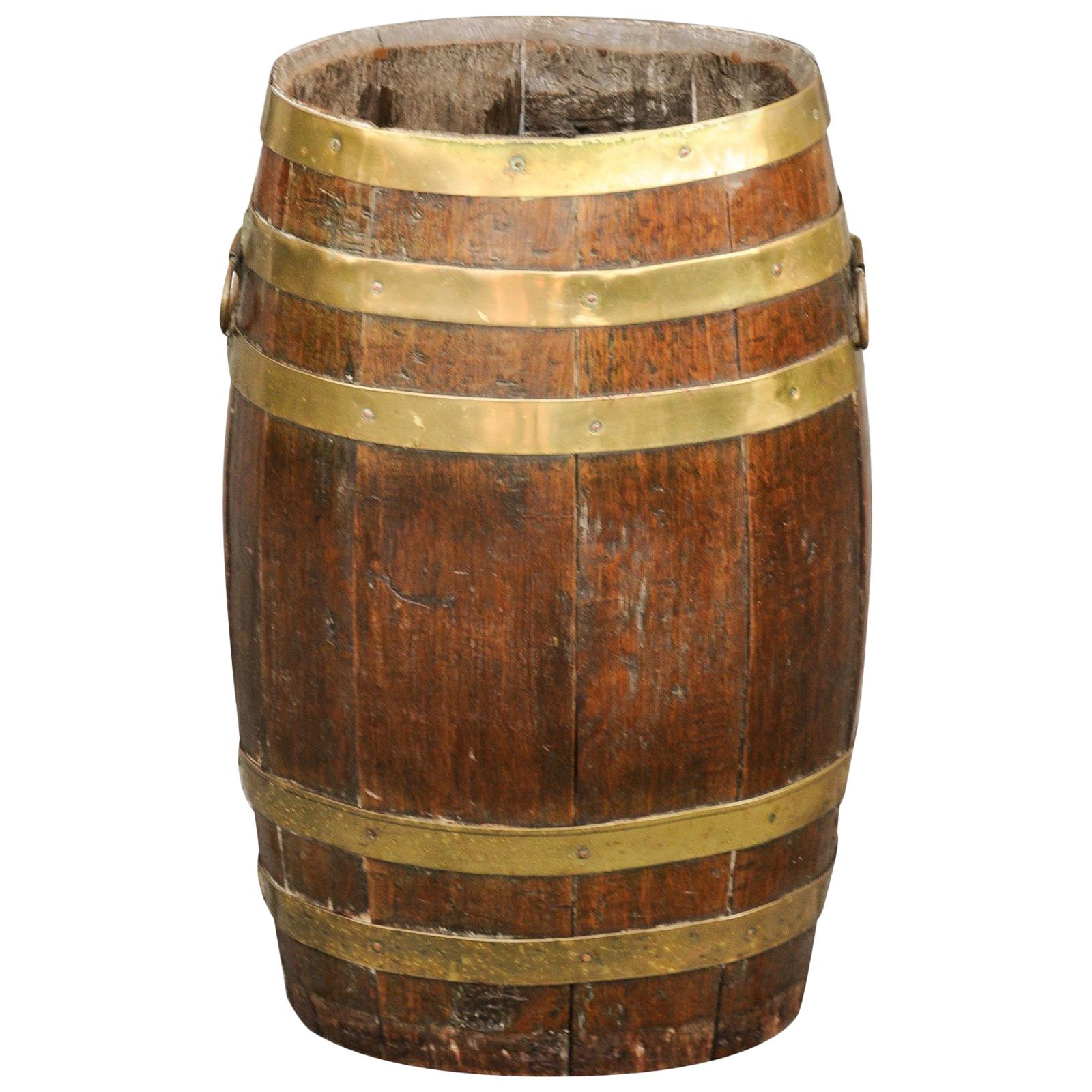 Tall Rustic English Oval Oak Barrel with Brass Braces and Handles, circa 1880