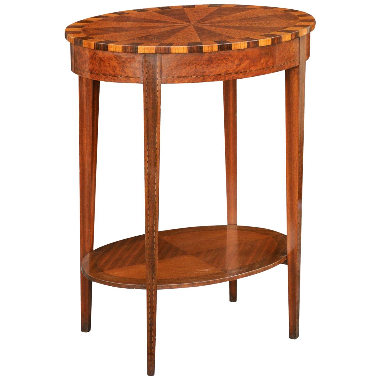 French Oval Walnut Side Table with Inlaid Radiating Motifs and Lower Shelf 1860s