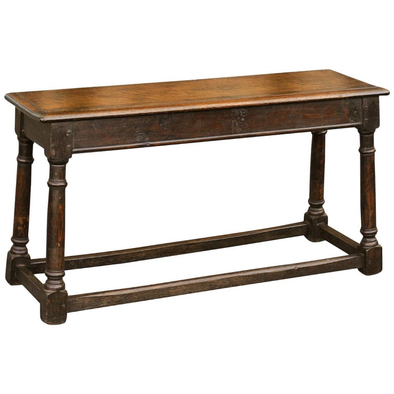 English Turn of the Century Oak Bench with Turned Base and Side Stretcher, 1900s 1