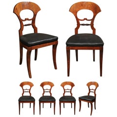 Set of Six Walnut 1840s Biedermeier Austrian Dining Room Chairs with Fan Backs