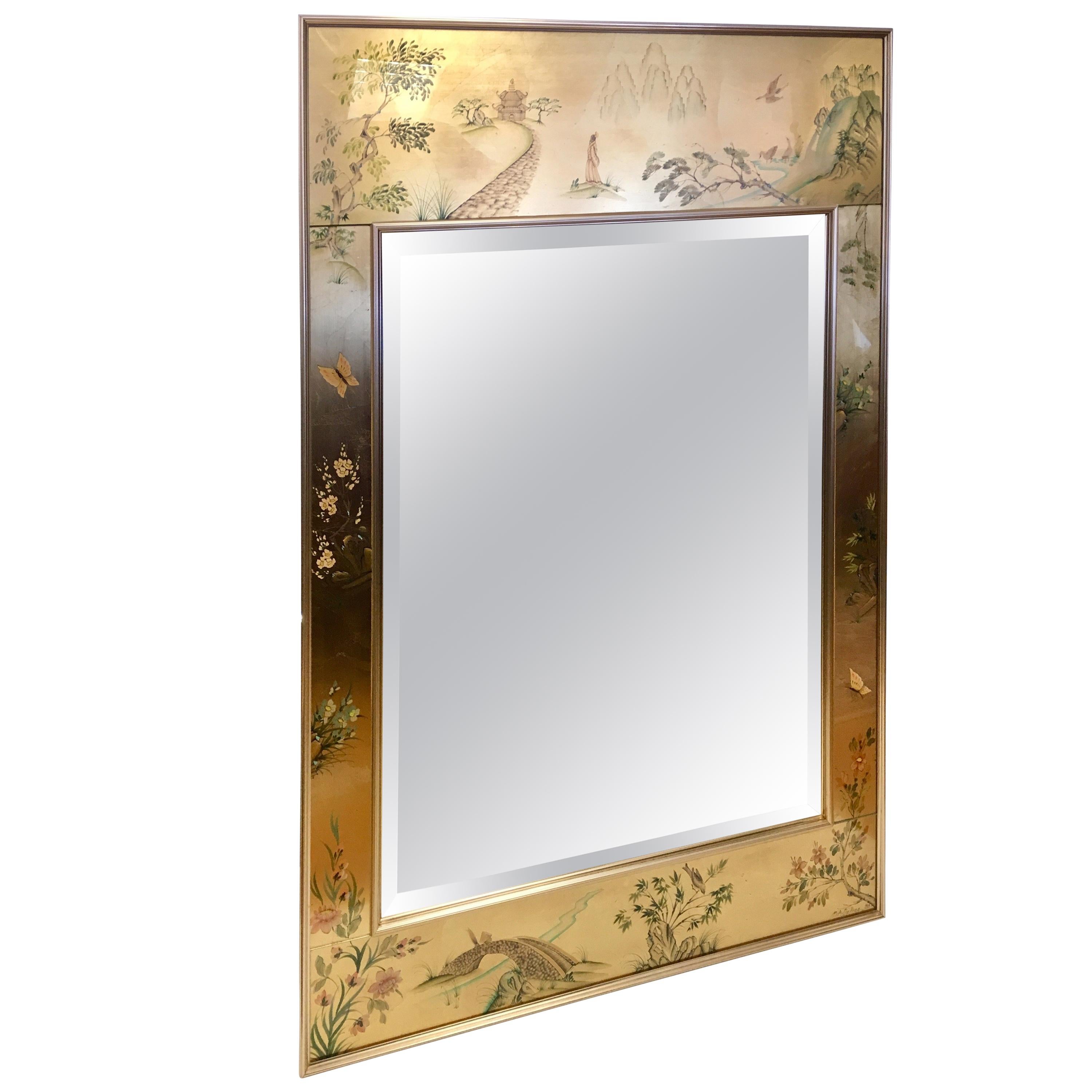 Signed LaBarge La Barge Eglomise Reverse Painted Chinoiserie Wall Mirror DePrez