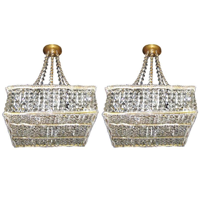 Pair of Square Pendant Crystal Light Fixtures. Sold individually For Sale