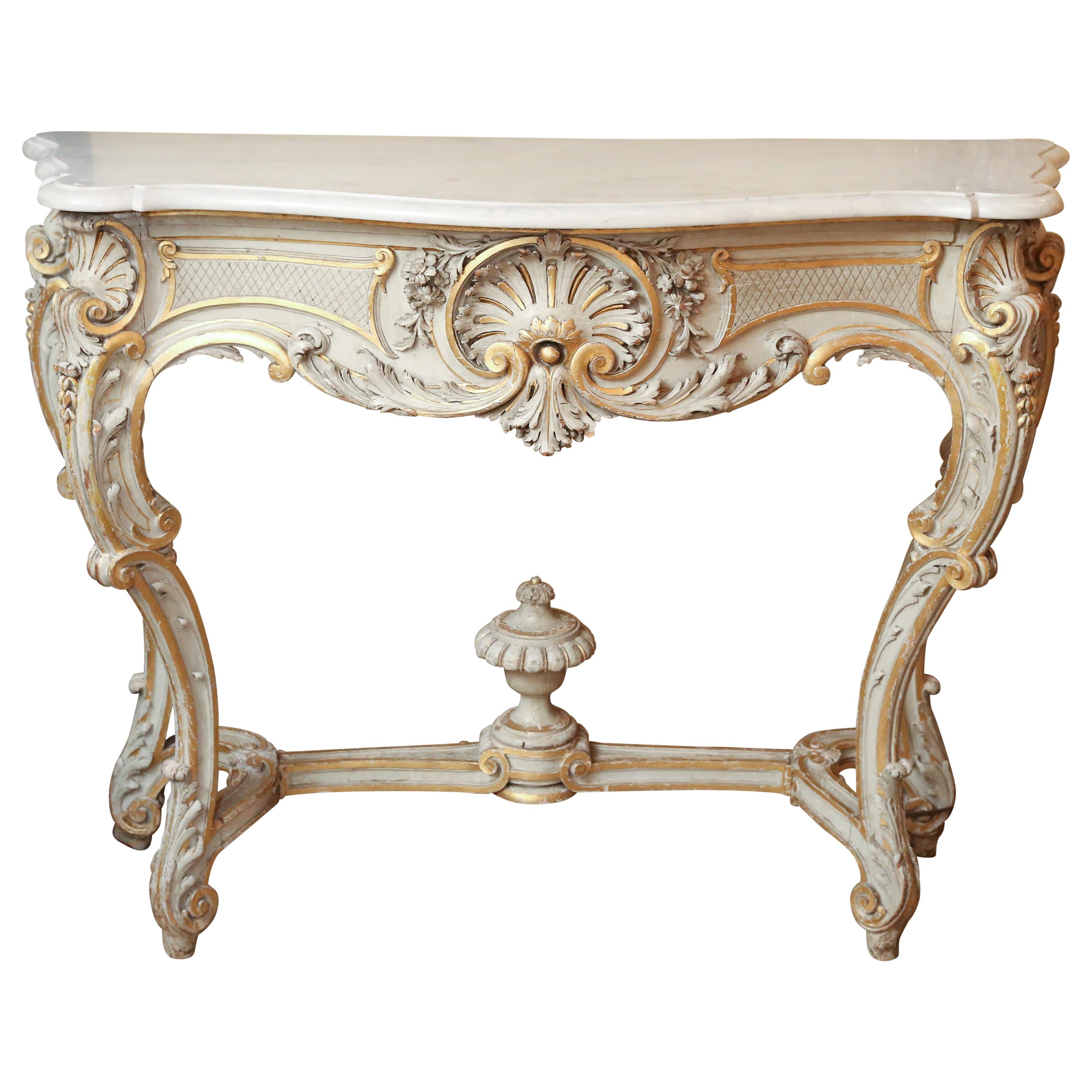 Pair of French Carved Louis XV Consoles, Marble Tops, Parcel Paint/Gilt Finish For Sale