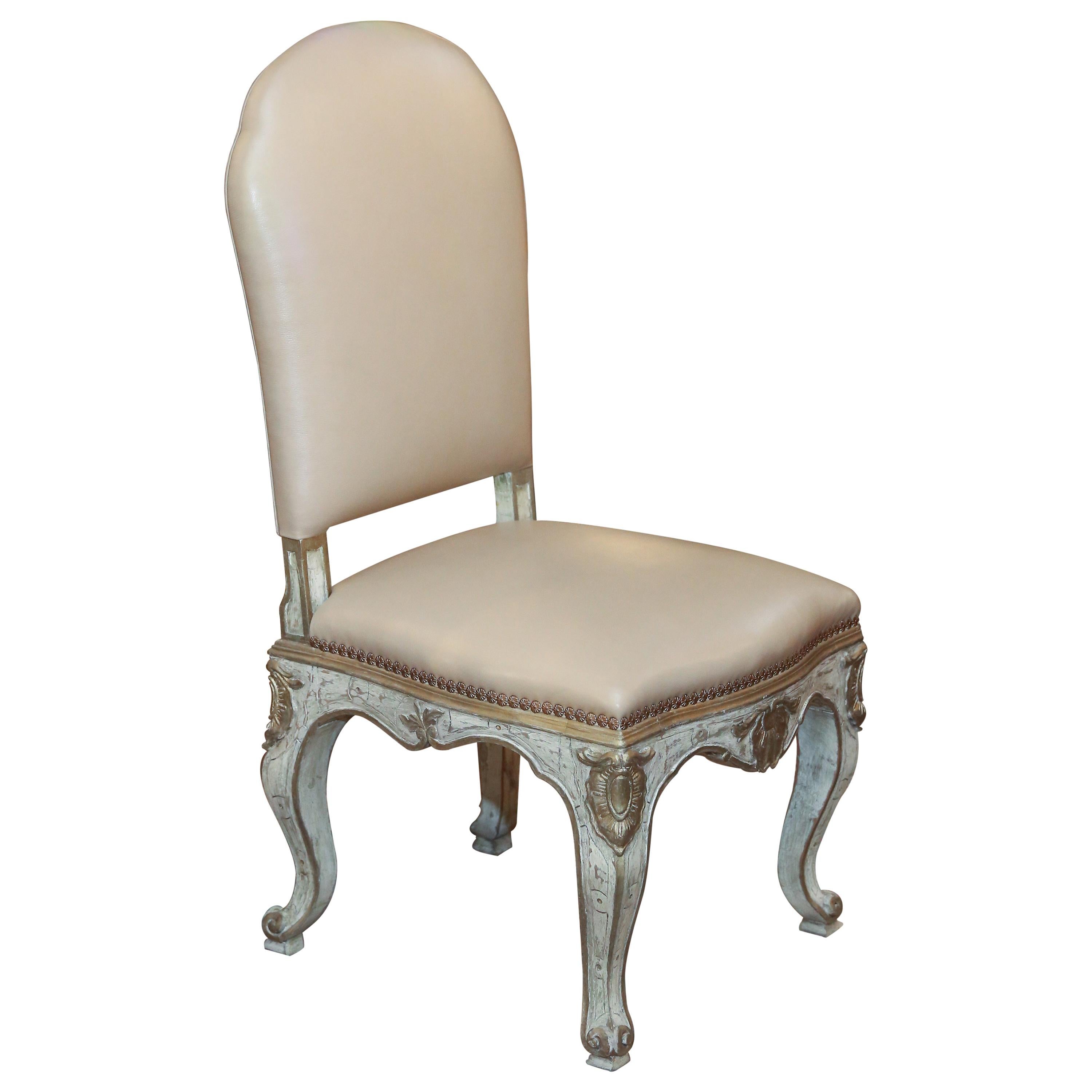 Set of 10 Italian Painted Dining Side Chairs in Cream Leather Upholstery