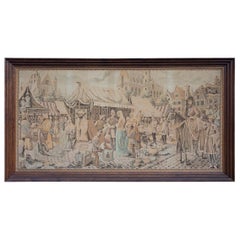 Large Tapestry Featuring a Medieval Market Scene in Wood Frame