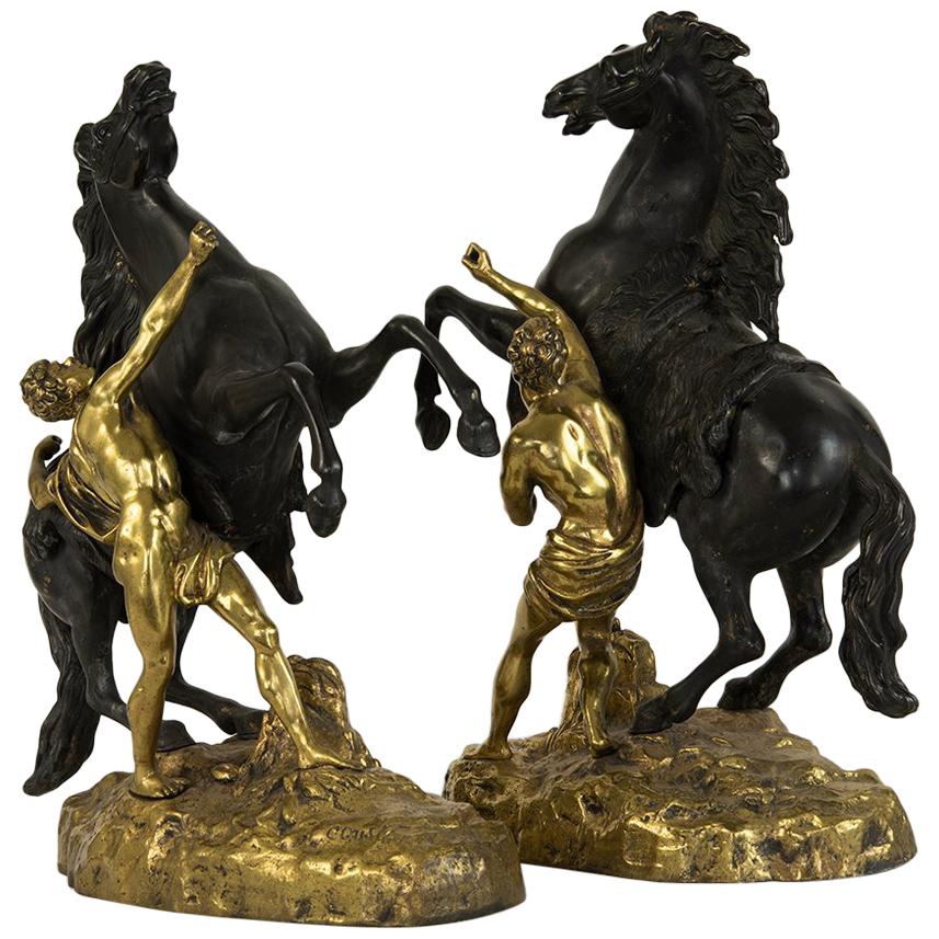 Pair of Signed French Gilt Bronze Marley Horses