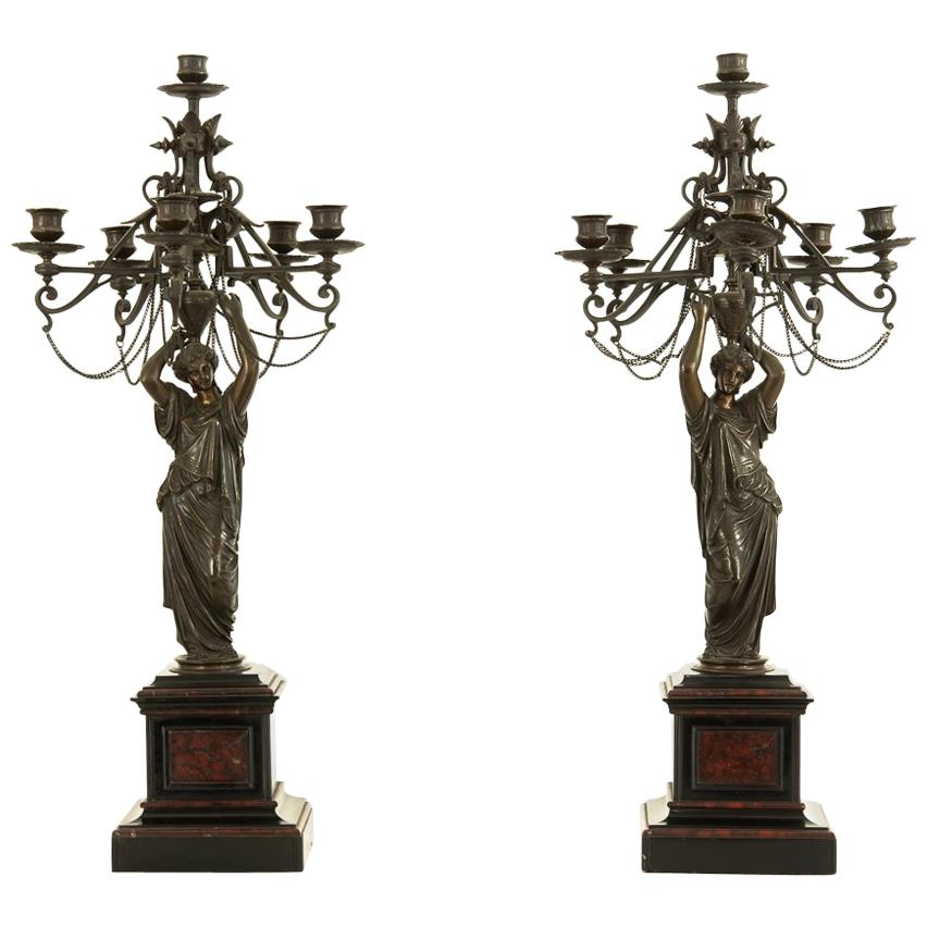 Pair of Antique French 19th Century Seven-Arm Empire Figural Candelabras For Sale