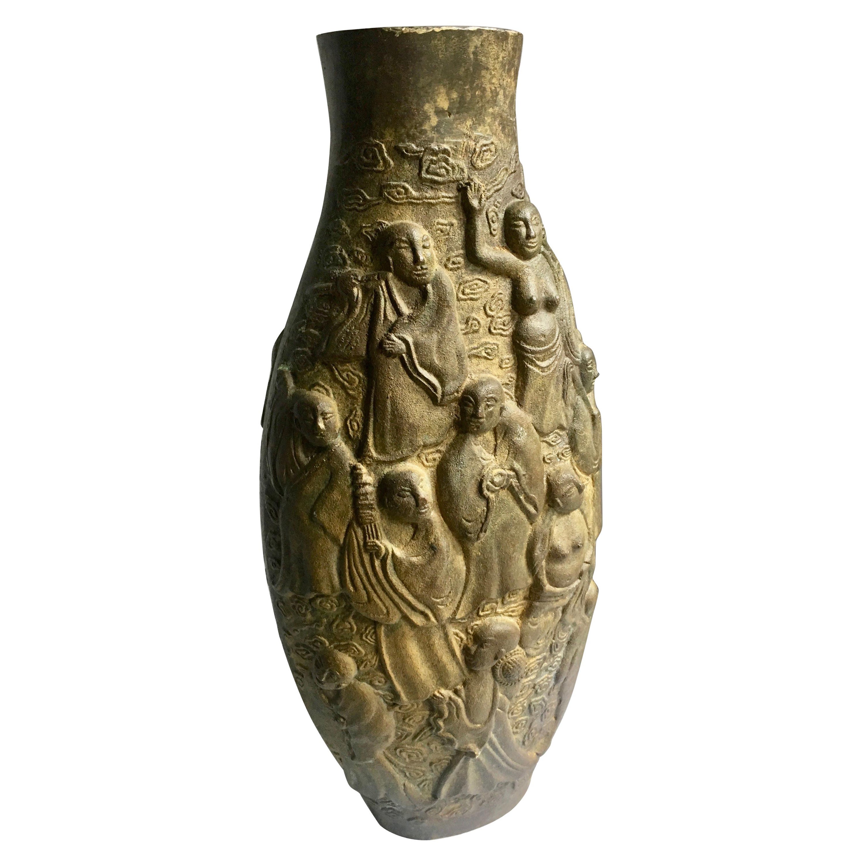 Chinese Bronze Vase with 10 Figures For Sale