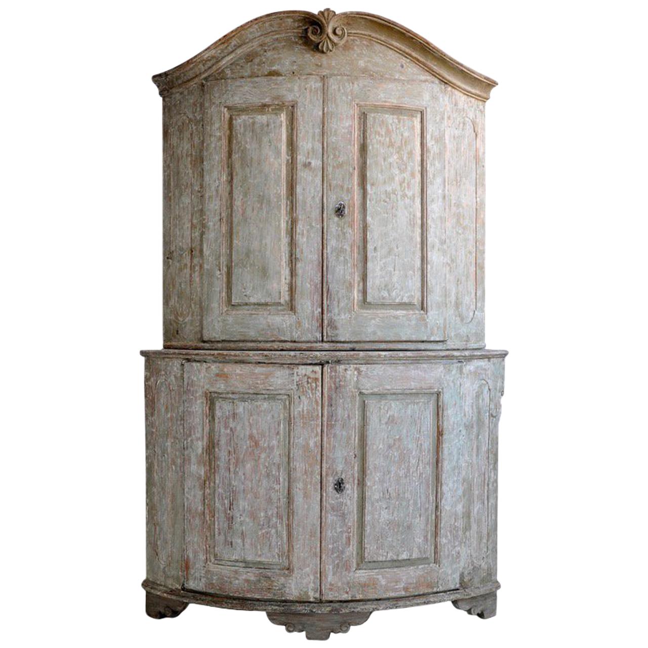 Antique Mid-18th Century Swedish Rococo Corner Cabinet with Original Paint