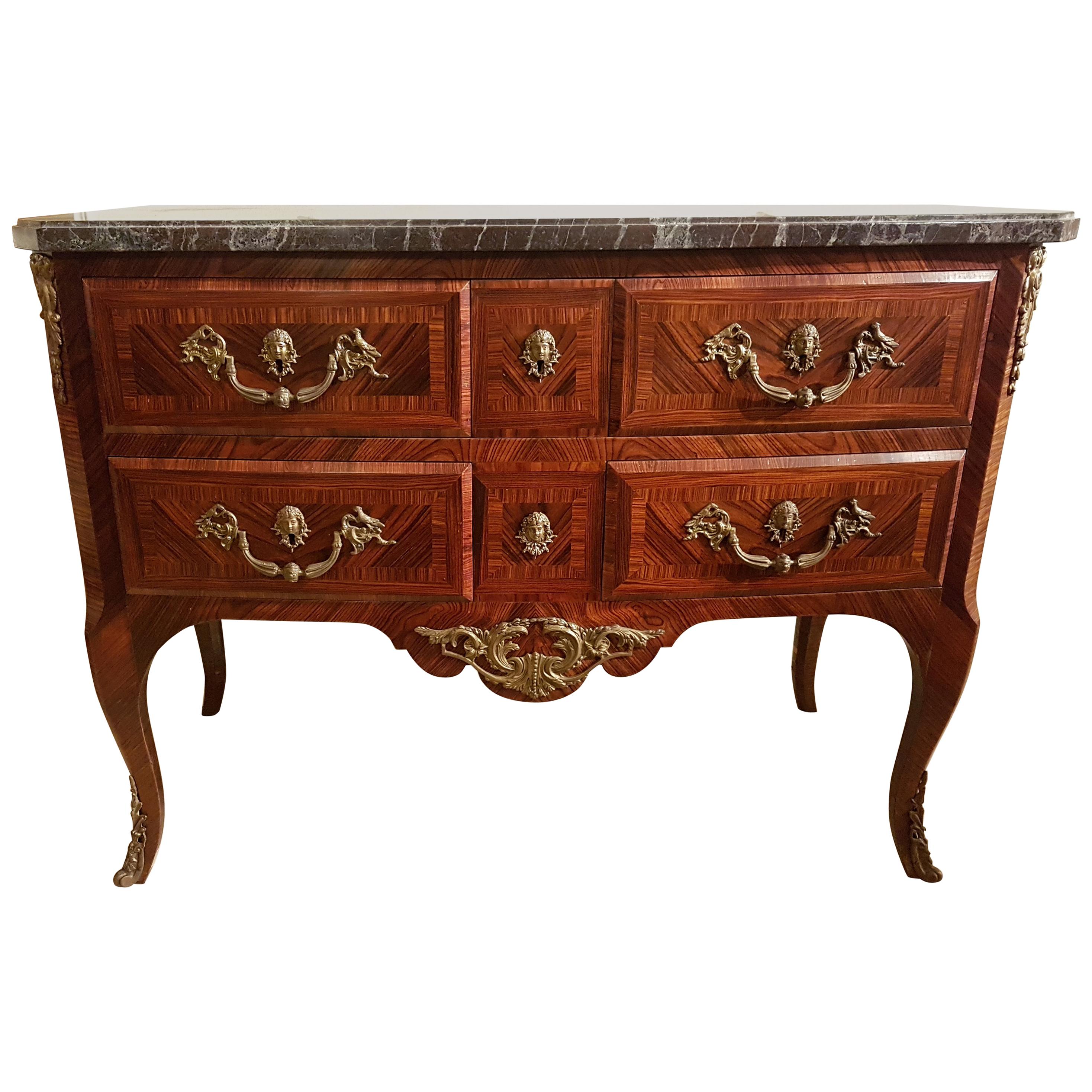 Chest of Drawers Louis XIV Style in Rosewood with Marble and Bronzes, Italy 1950 For Sale