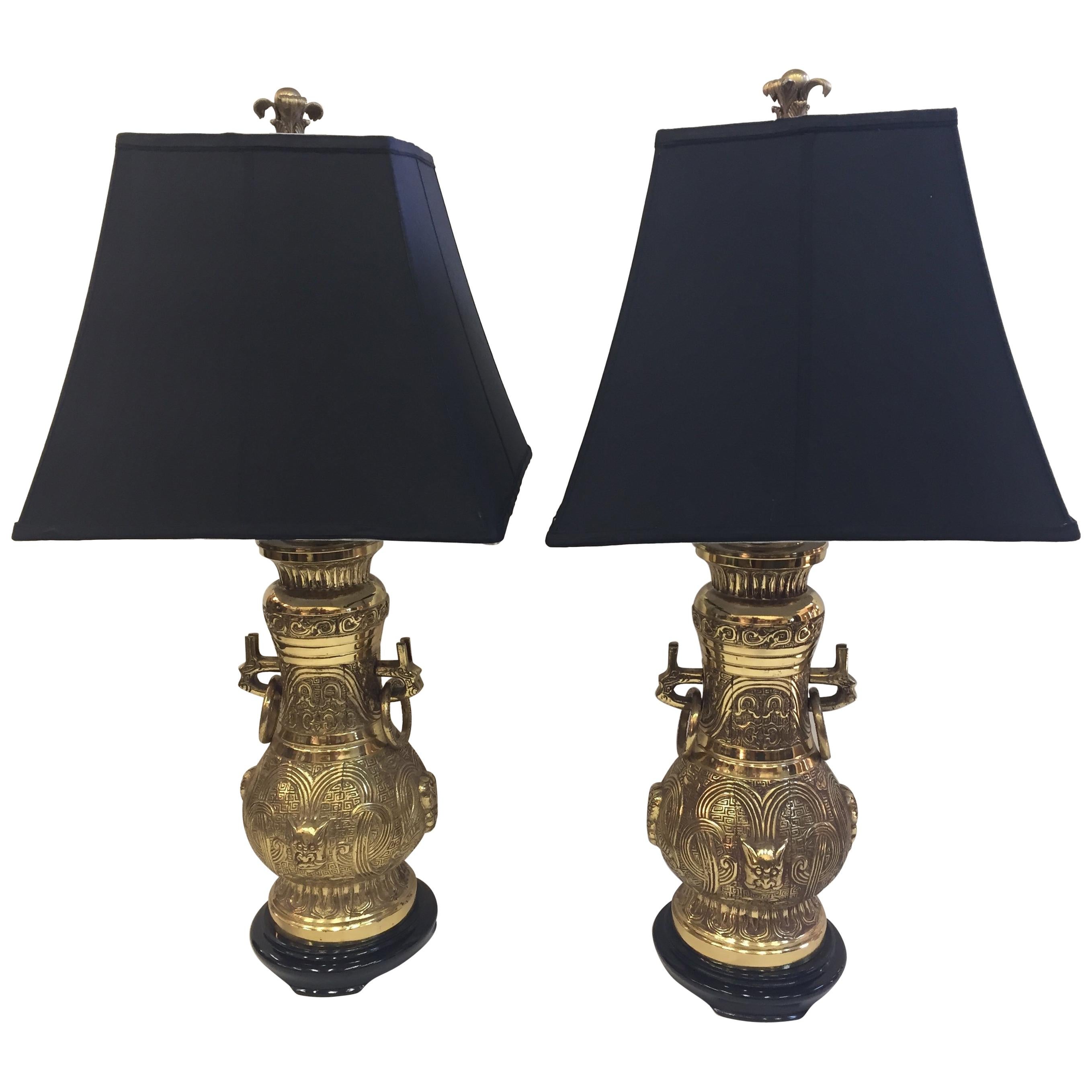 Pair of Impressive James Mont Monumental Large Brass Lamps