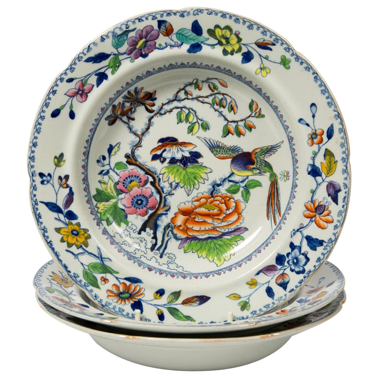 Set of Twelve Antique Dishes Flying Bird Pattern