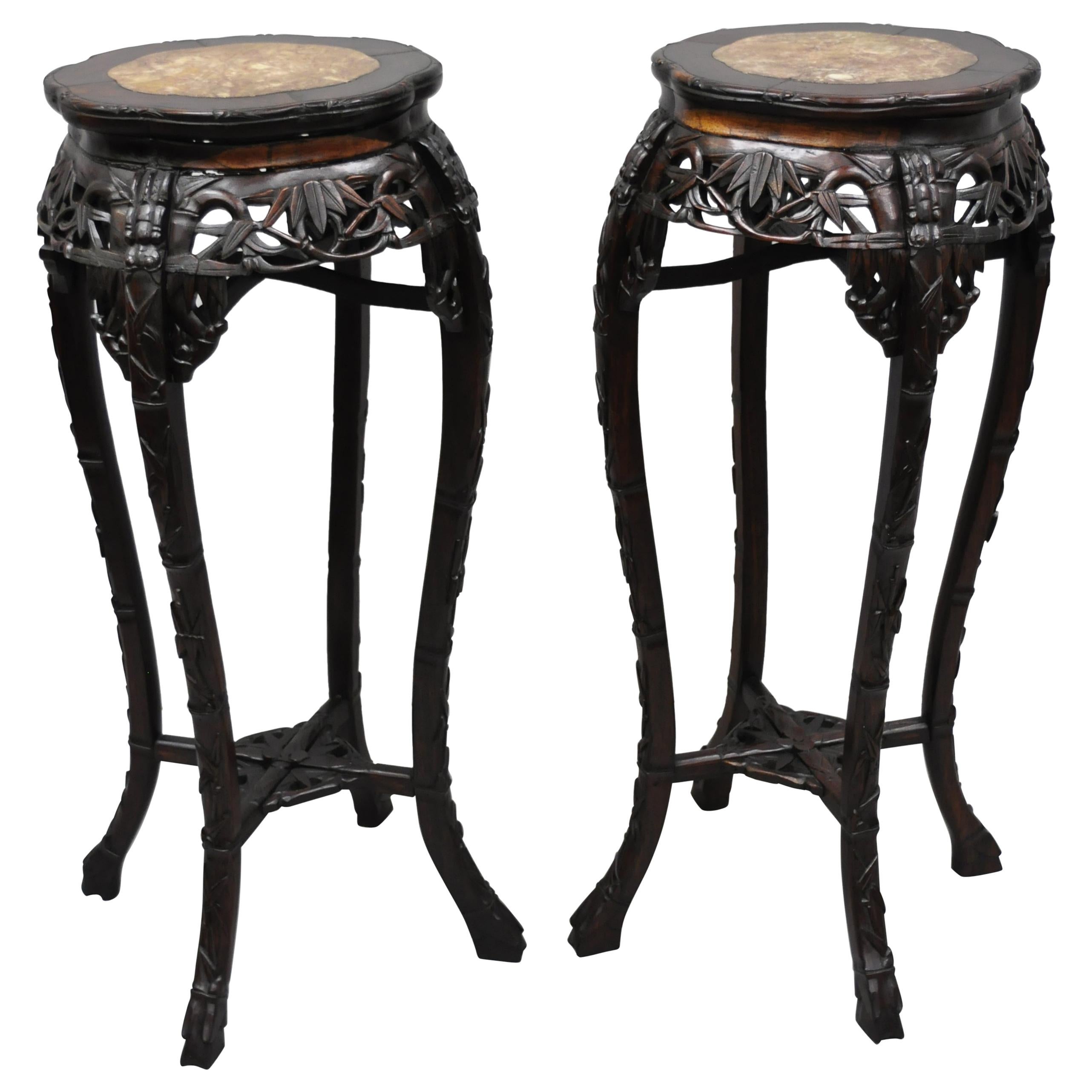 Pair of Carved Rosewood Marble-Top Oriental Pedestal Plant Stand Tables