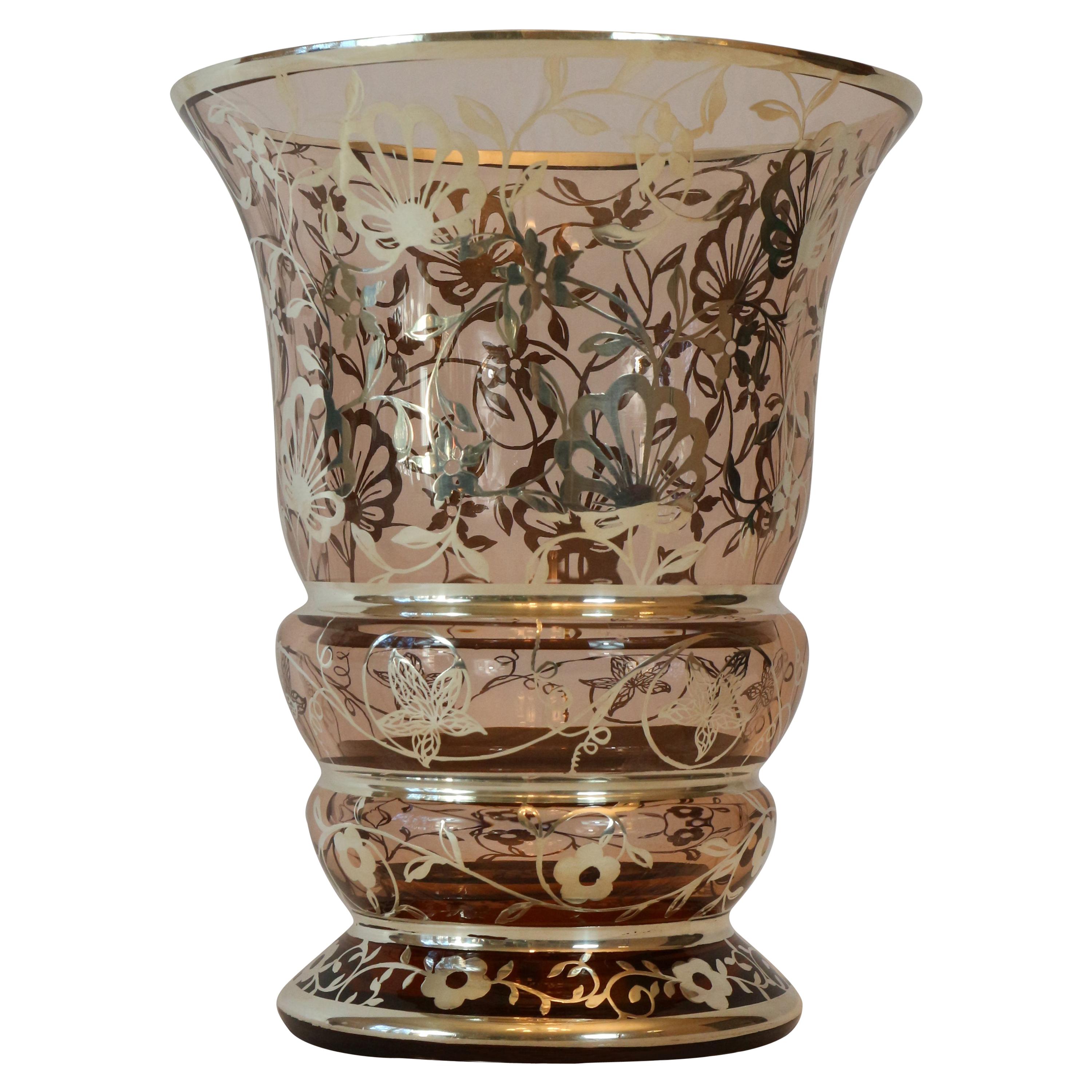  Italian art deco  glass vase covered in silver with floral motifs