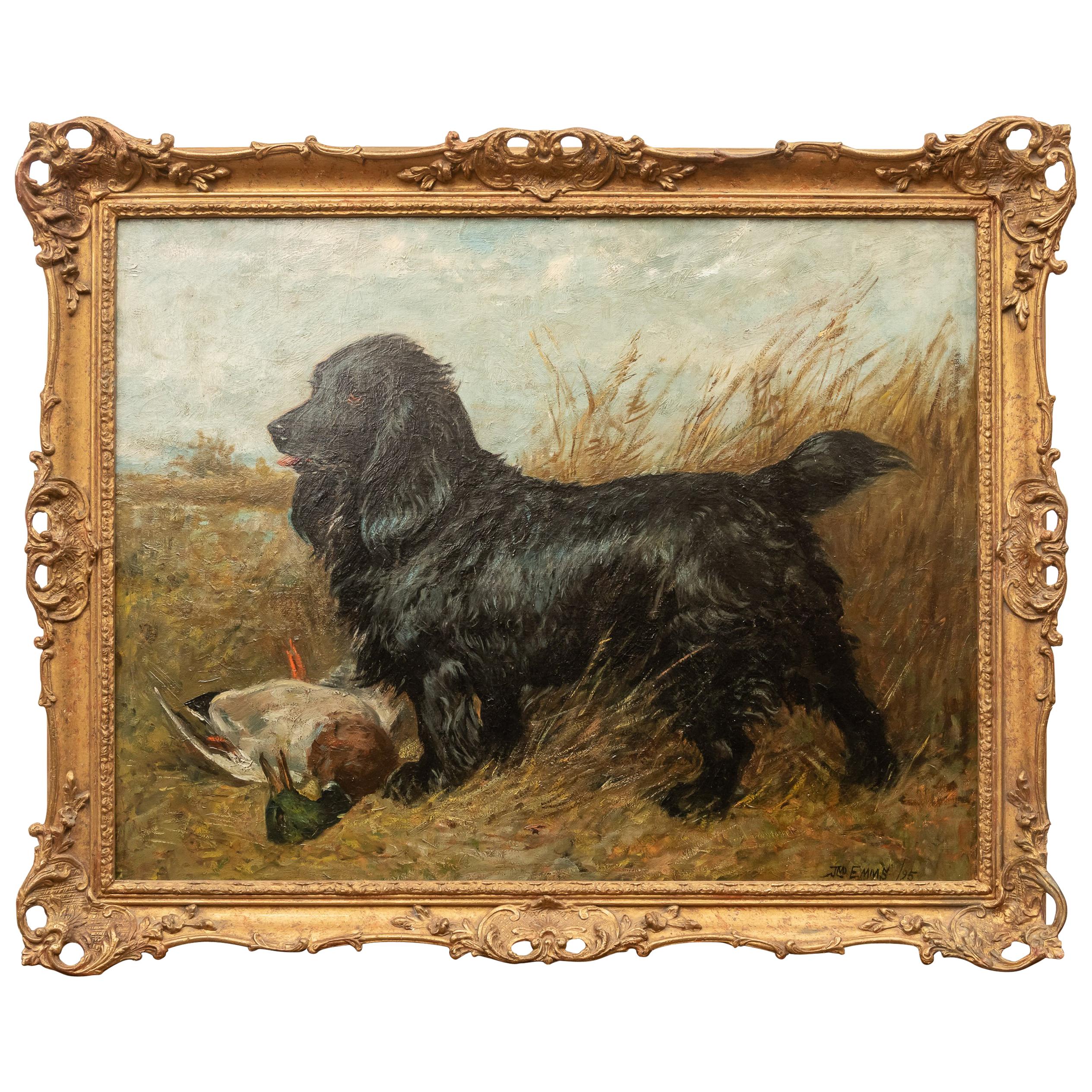 Investment Oil on Canvas. Portrait of a Black Spaniel with a Duck by John Emms  For Sale