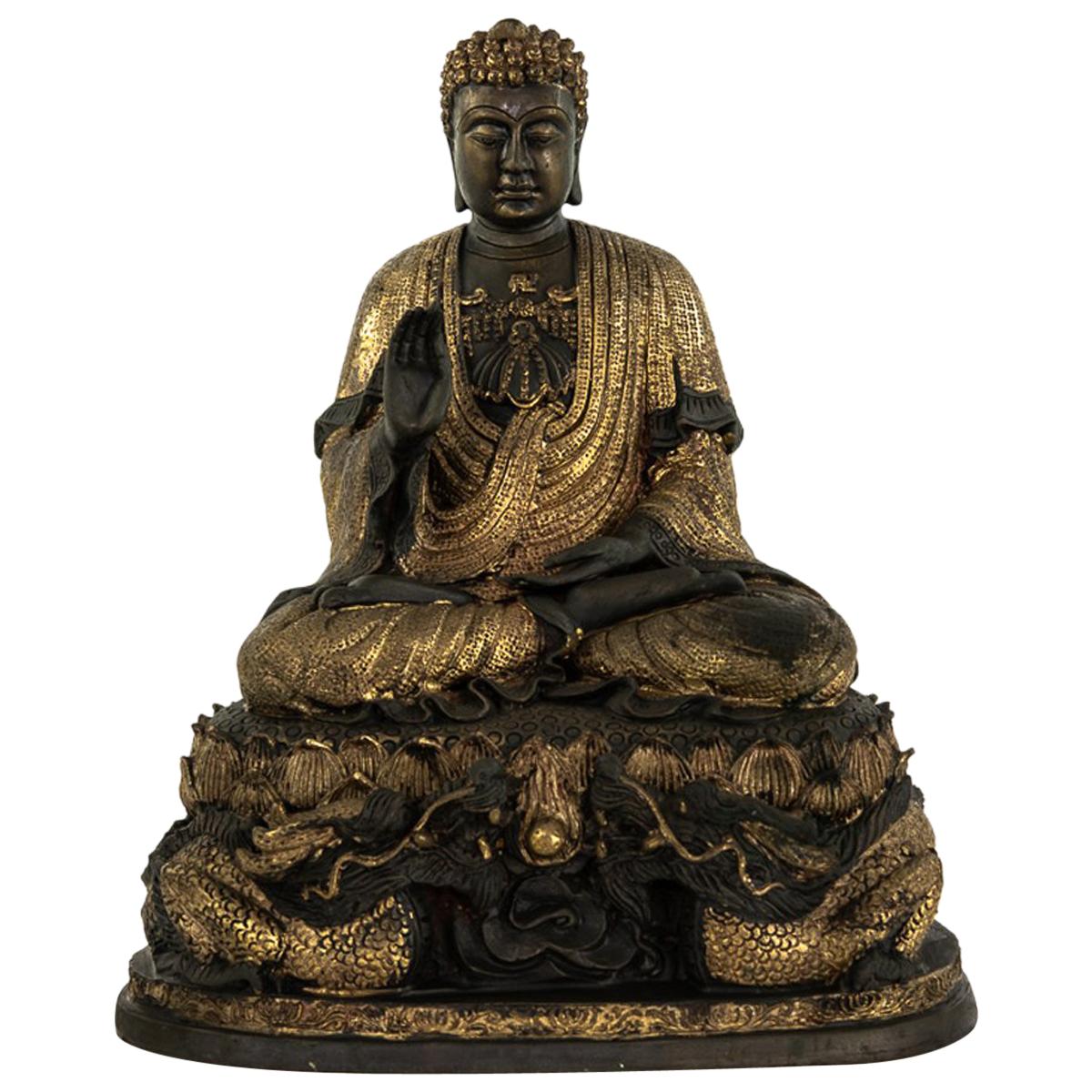 Large Chinese Parcel-Gilt Buddha Resting Upon Lotus Flower and Dragons For Sale