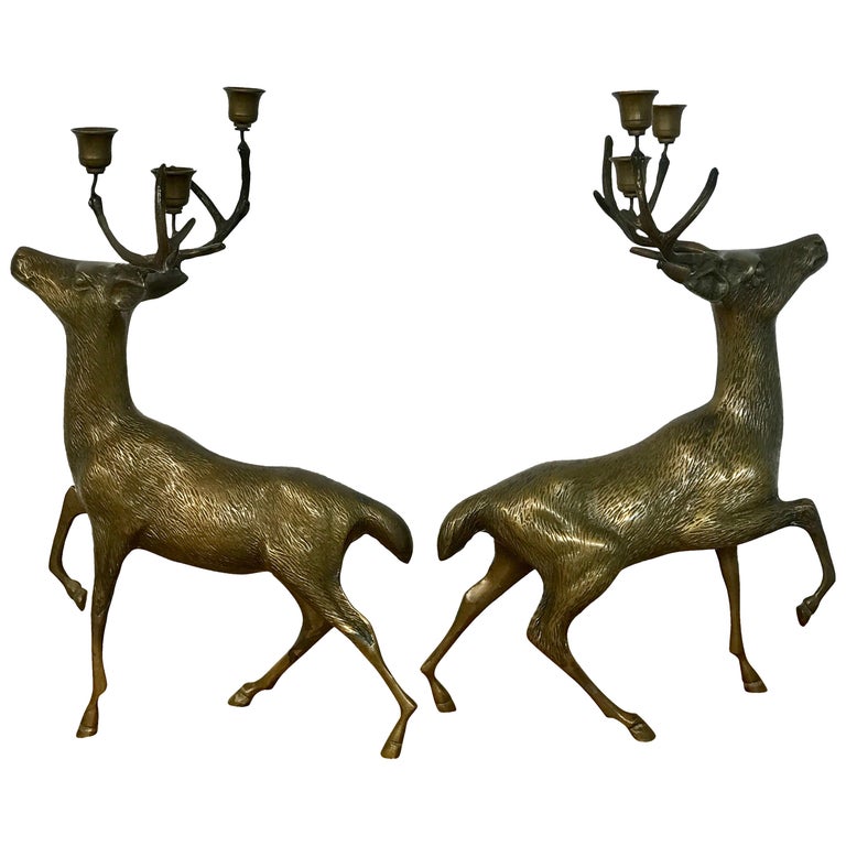 Pair of Midcentury Bronze Standing Deer Candelabra by Sarreid at 1stDibs