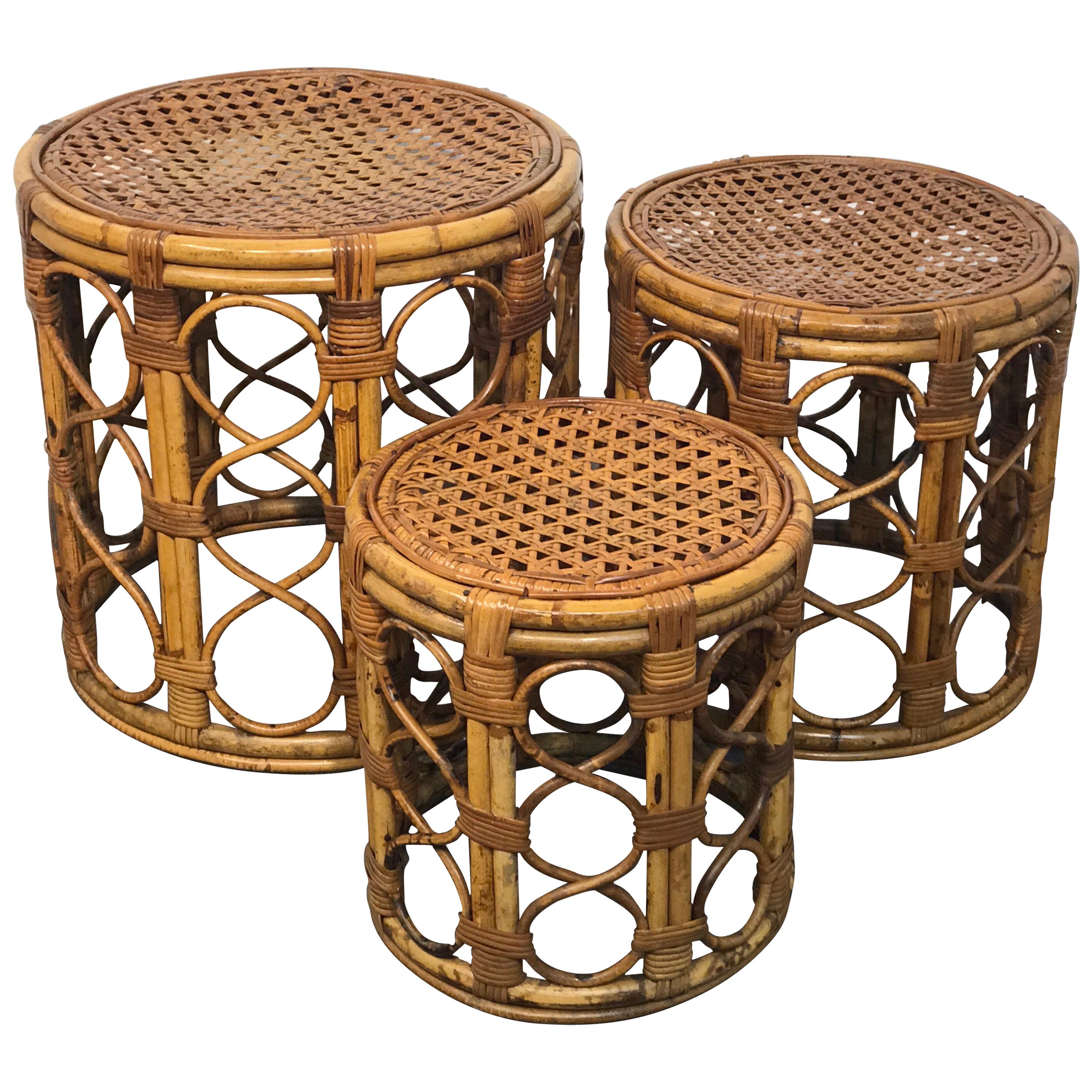 Set of Three Graduating/ Nesting Bamboo, Rattan and Reed Nesting Side Tables