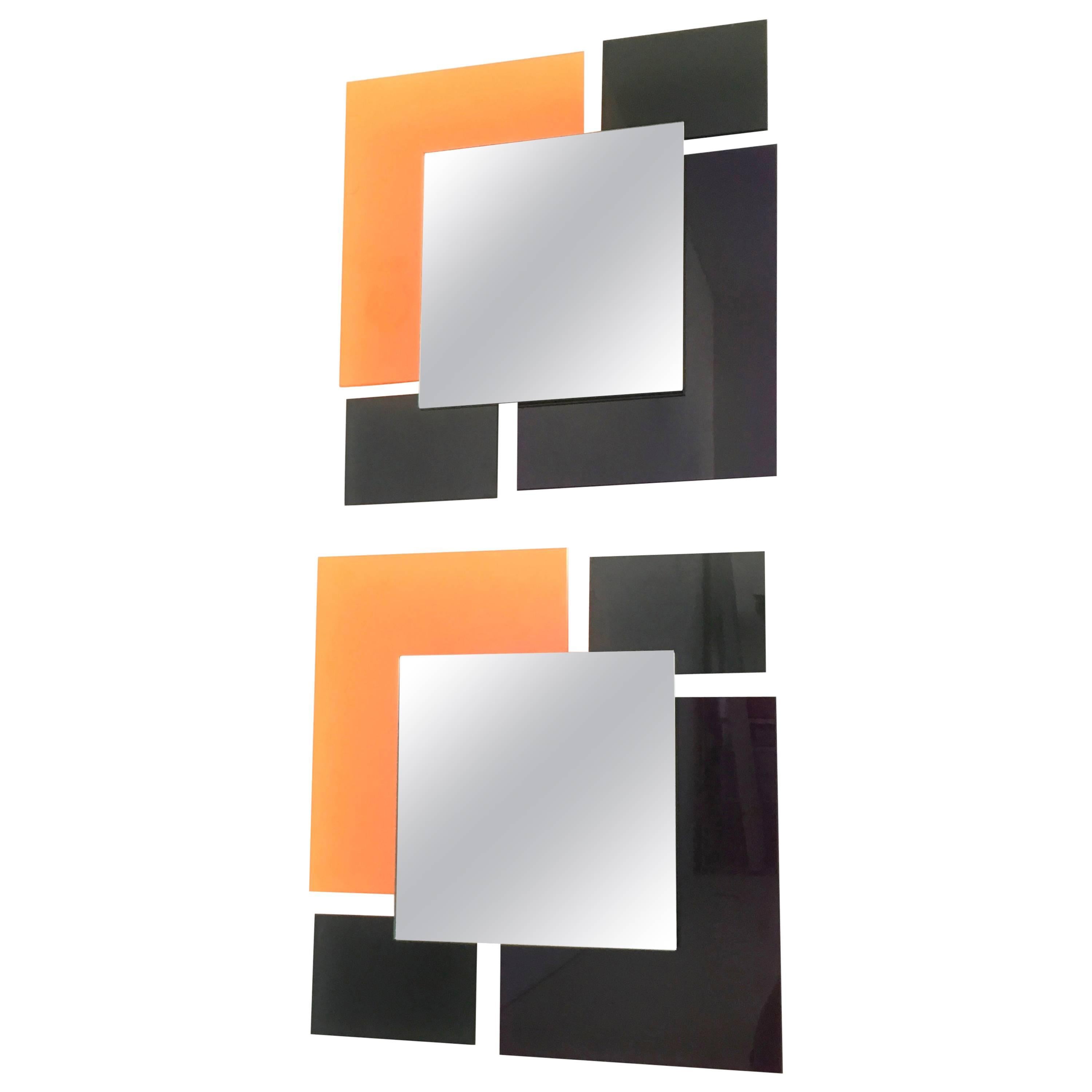 Pair of Postmodern Black and Orange Wall Mirrors in the Style of Sottsass, 1980s