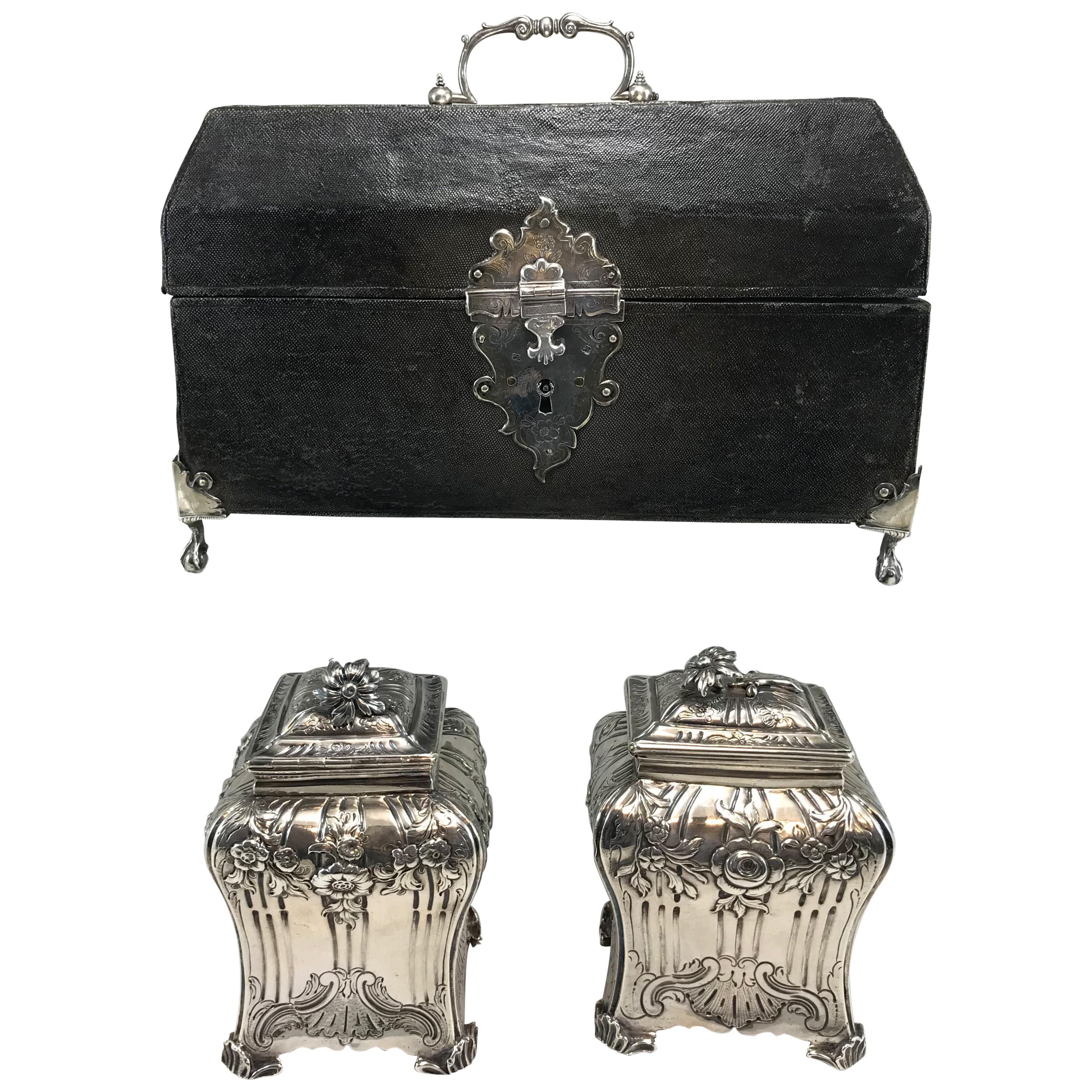 Georgian Shagreen Cased Tea Caddy Box with Pair of Chased Sterling Caddies, 1761 For Sale