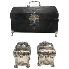 Georgian Shagreen Cased Tea Caddy Box with Pair of Chased Sterling Caddies, 1761