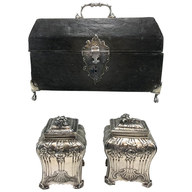 Georgian Shagreen Cased Tea Caddy Box with Pair of Chased Sterling Caddies,  1761 For Sale at 1stDibs