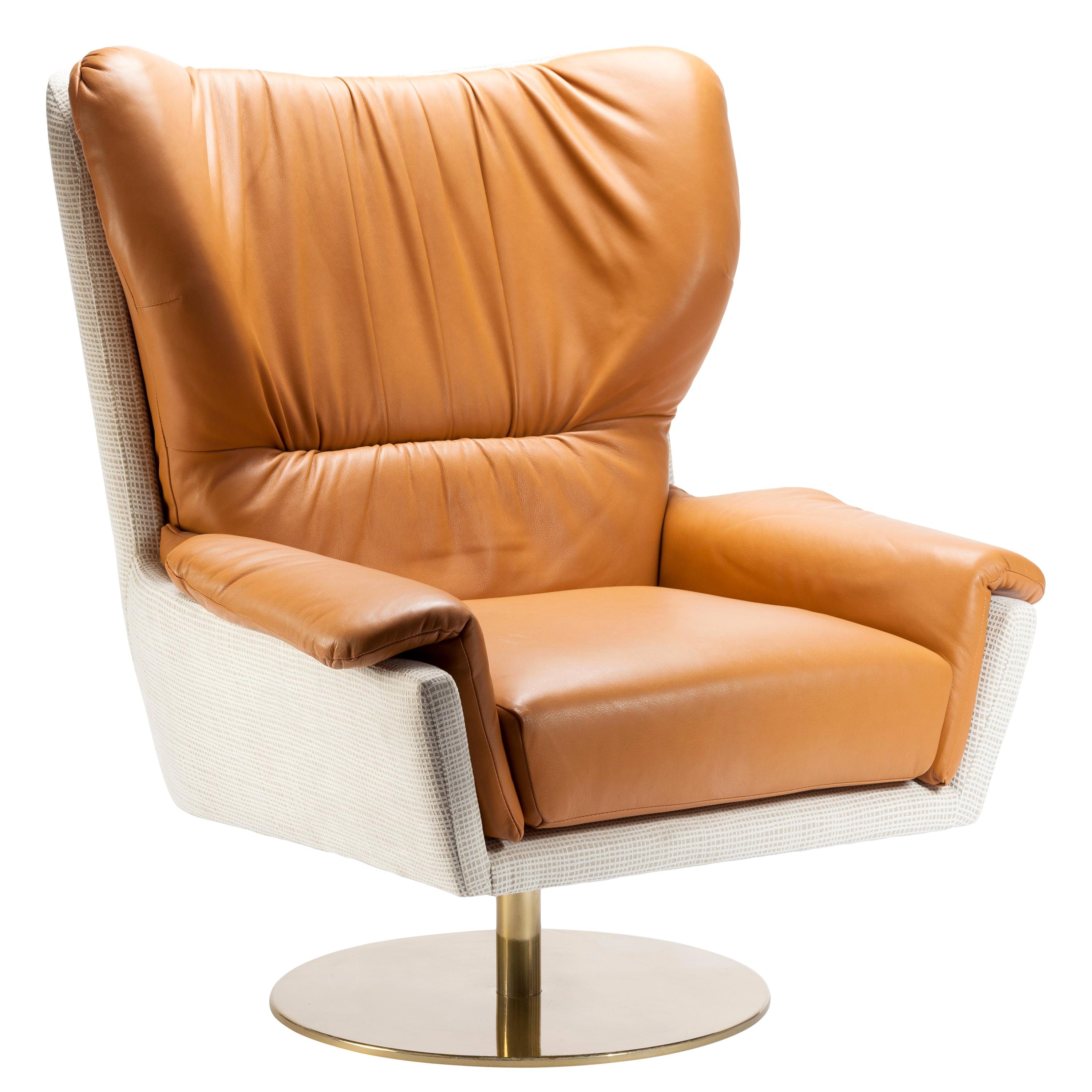 Swivel Armchair Closer with Natural Leather and Brass 