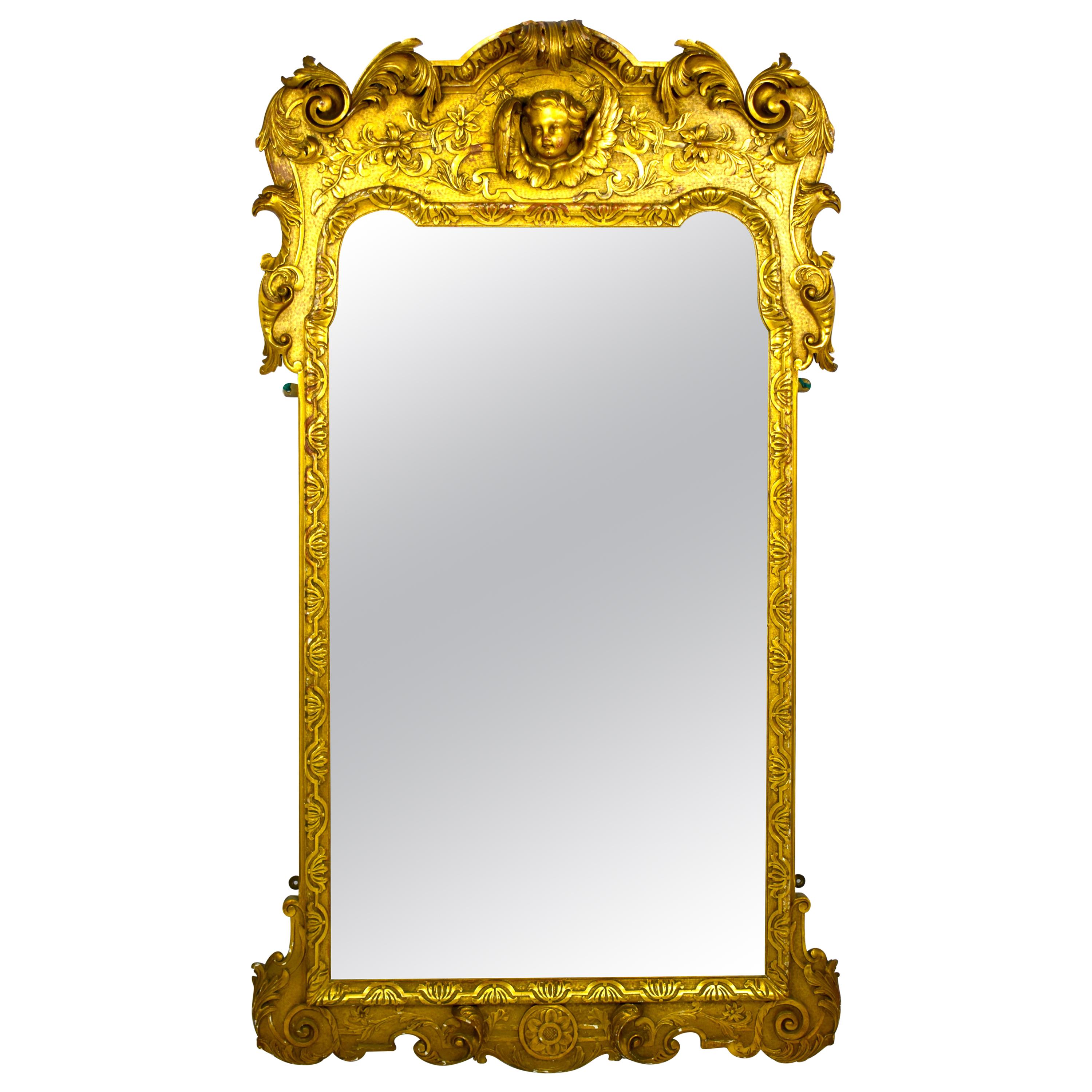 French Carved Wood and Gilt Cherub Acanthus Wall Mirror For Sale