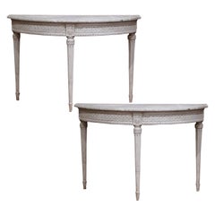 Antique Pair of 19th Century French Louis XVI Carved Painted Demilune Console Tables