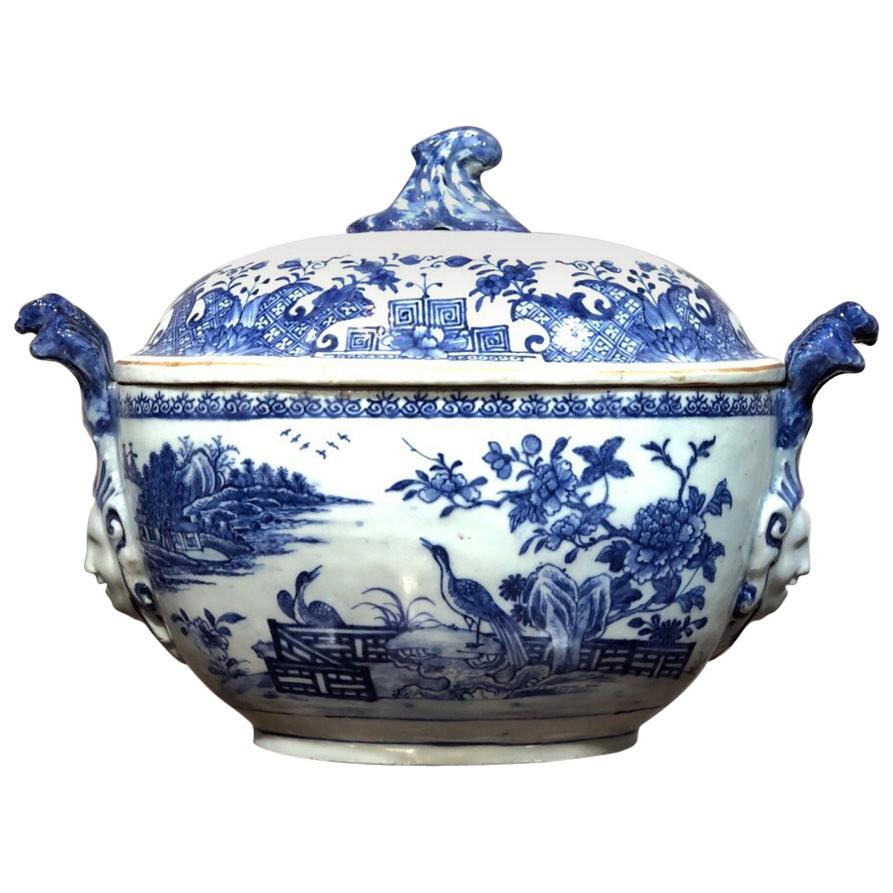 Chinese Export Tureen, Face Handles with Underglaze Blue Landscapes For Sale