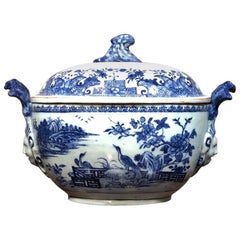 Antique Chinese Export Tureen, Face Handles with Underglaze Blue Landscapes