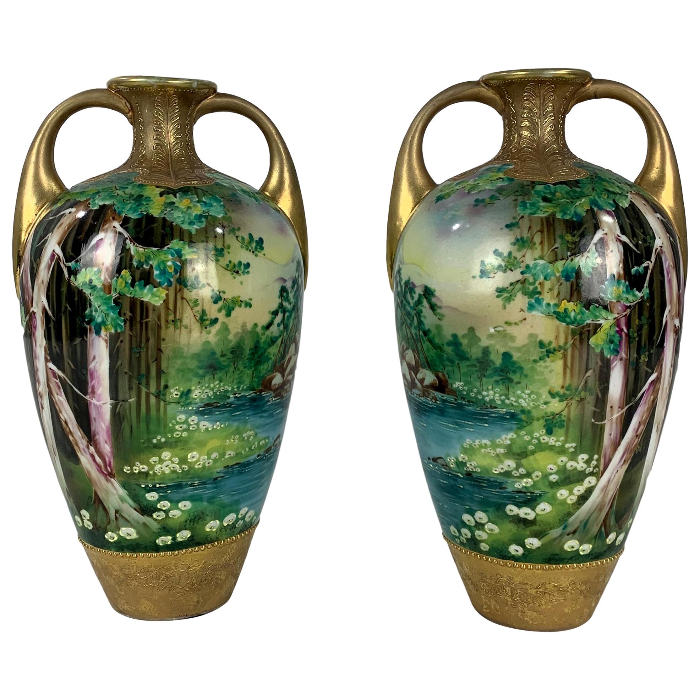 Mirrored Pair of Hand Painted Antique Nippon Vases