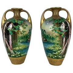 Mirrored Pair of Hand Painted Antique Nippon Vases