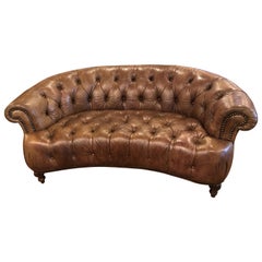 Curved Light Brown Italian Leather Chesterfield Sofa
