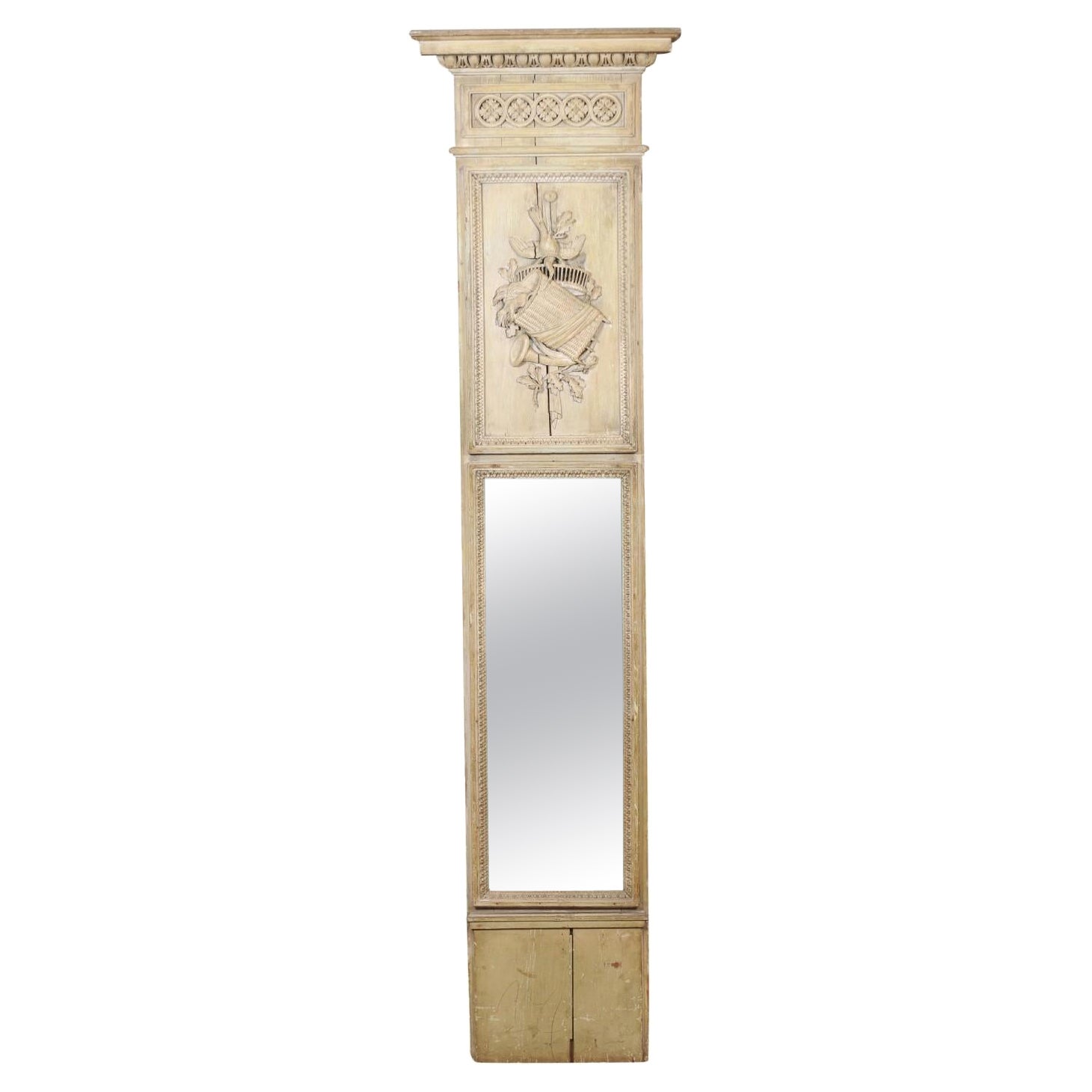 Louis XVI Period Green Painted Trumeau Mirror with Carved Trophic Panel, France For Sale
