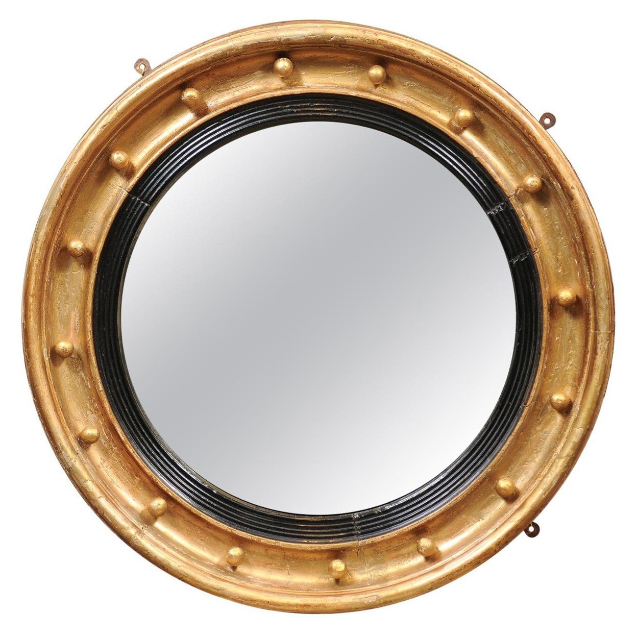 19th Century English Giltwood Bullseye / Convex Mirror with Ebonized Detail
